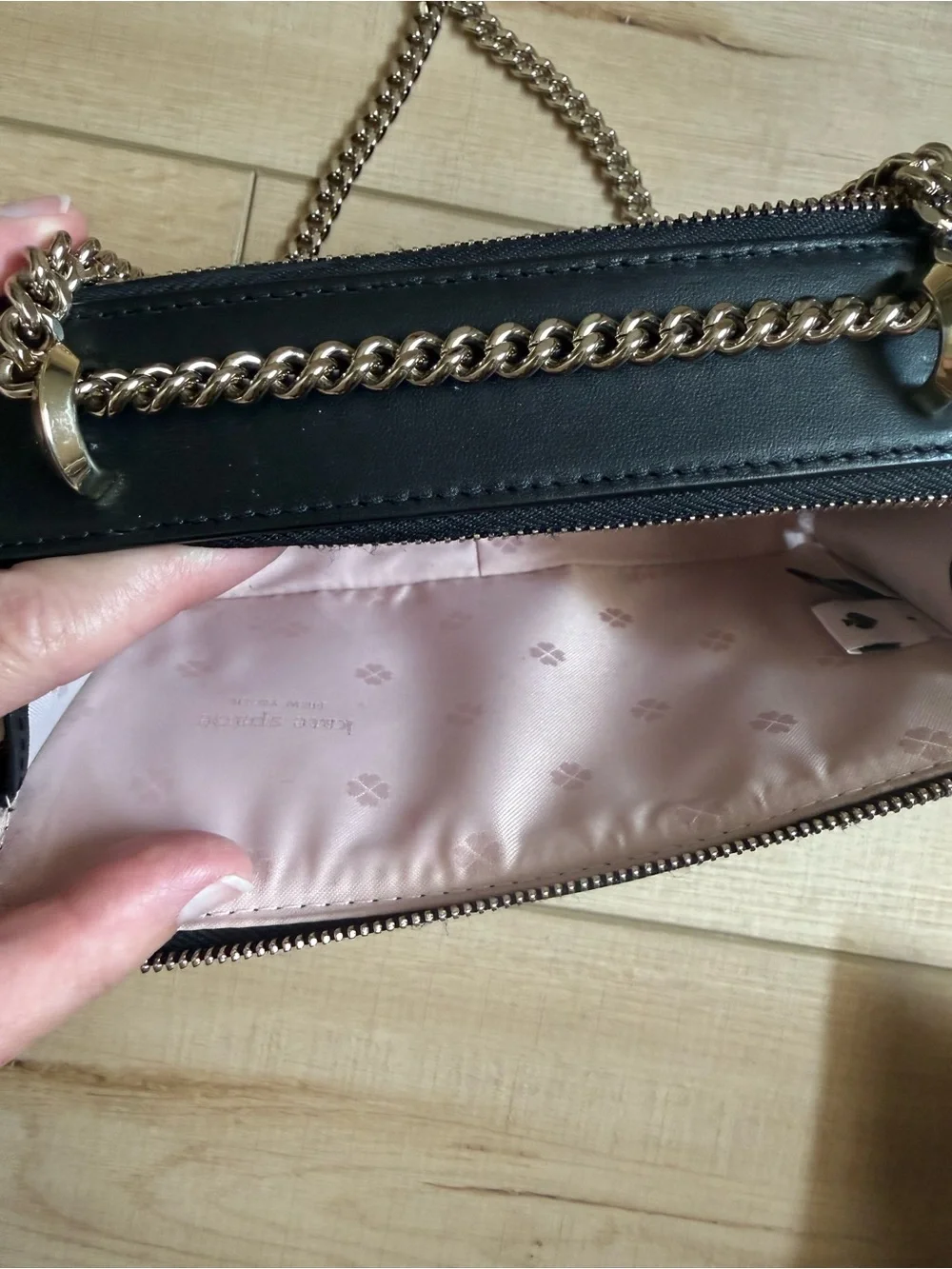 kate spade Black Leather Crossbody with Gold Chain